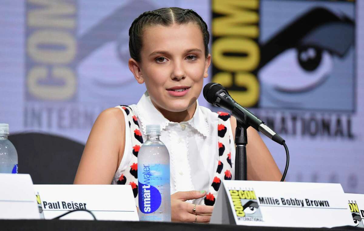 Millie Bobby Brown speaks at the "Stranger Things" panel on day three of Comic-Con International on Saturday, July 22, 2017, in San Diego. (Photo by Richard Shotwell/Invision/AP) ORG XMIT: CADA213
