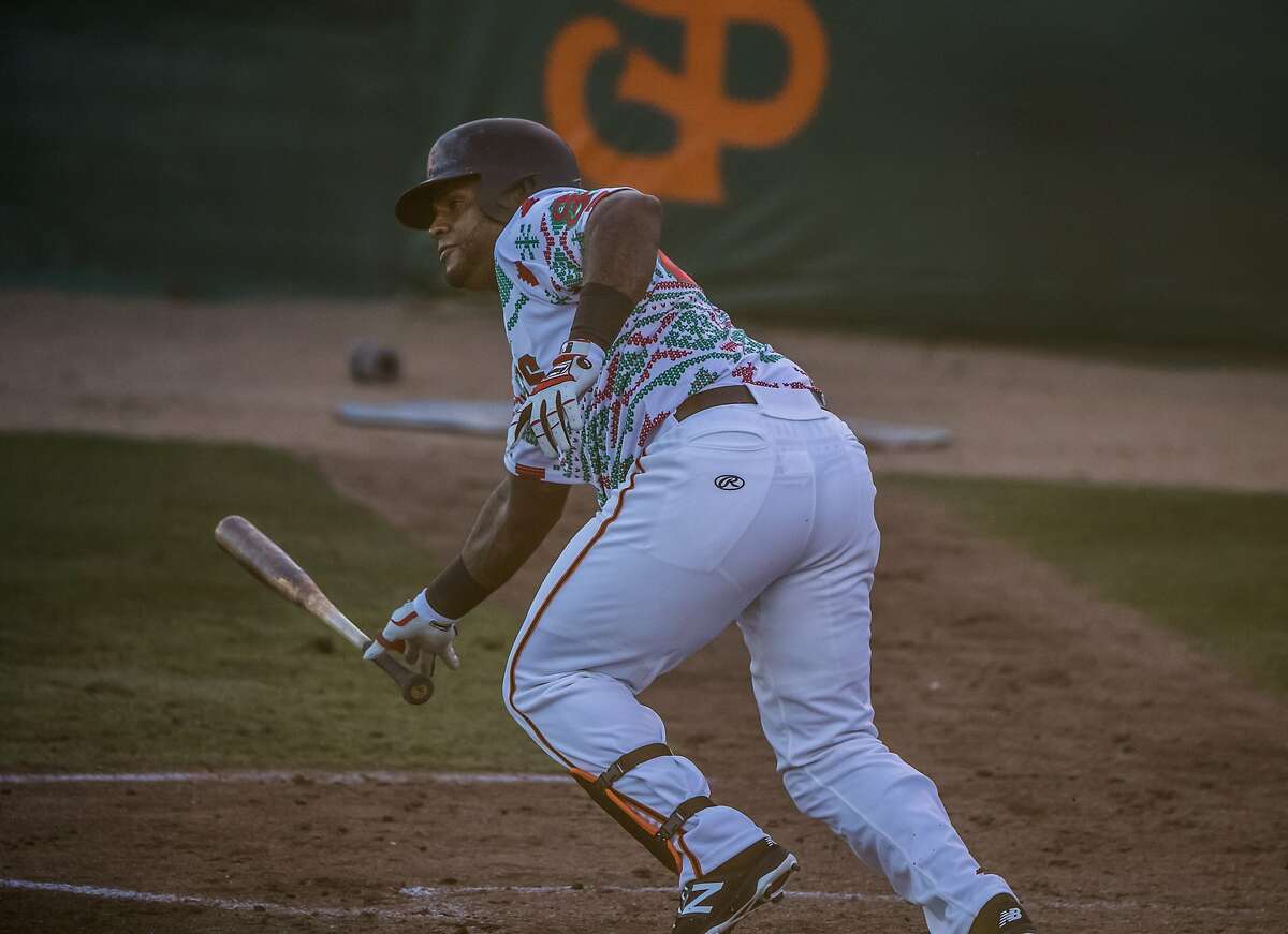Pablo Sandoval third time at bat, out at first, in his first game for the San Jose Giants as a designated hitter on Saturday, July 22, 2017 in San Jose, CA.