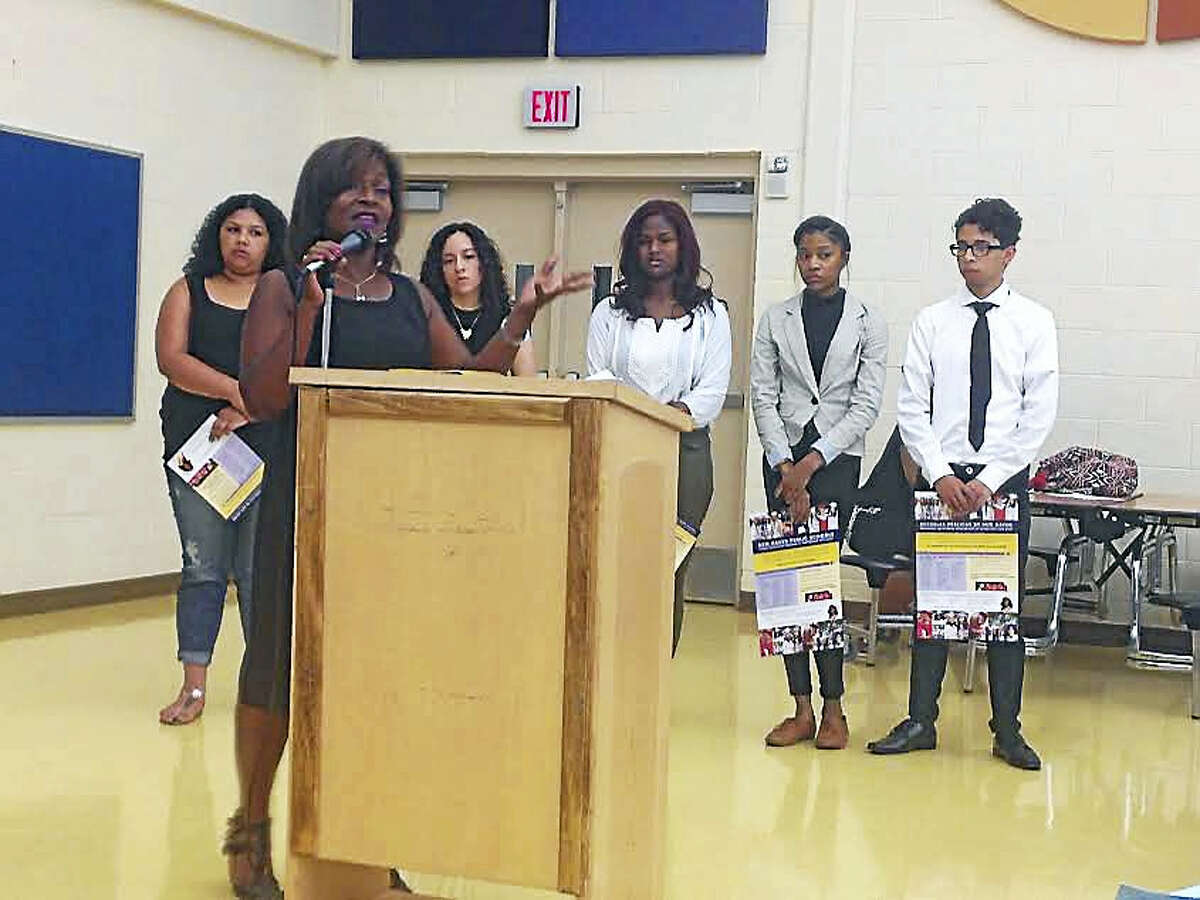 Debbie Breland introduces five of seven New Haven Public Schools graduates beginning as aspiring teachers at Southern Connecticut State University in the fall.