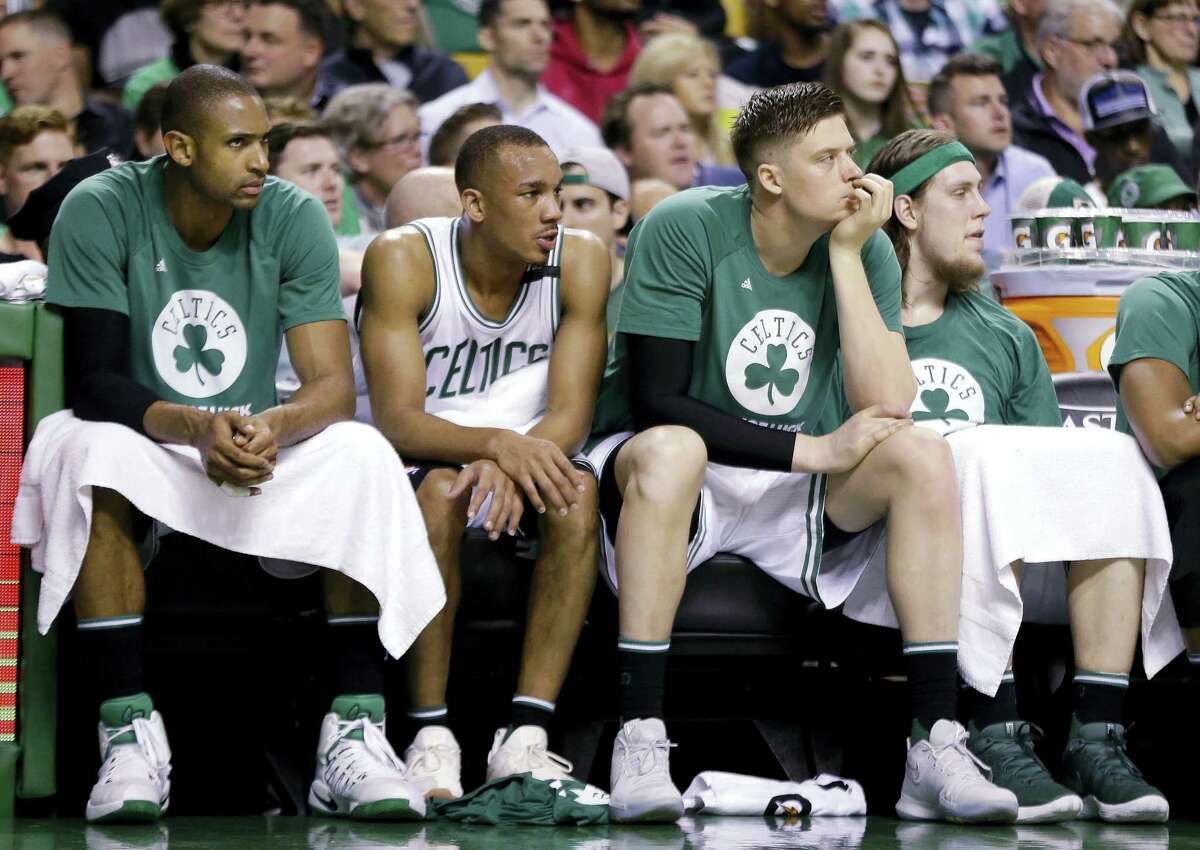 From left, the Celtics’ Al Horford, Avery Bradley, Jonas Jerebko and Kelly Olynyk watch from the bench during Game 5 on Thursday.