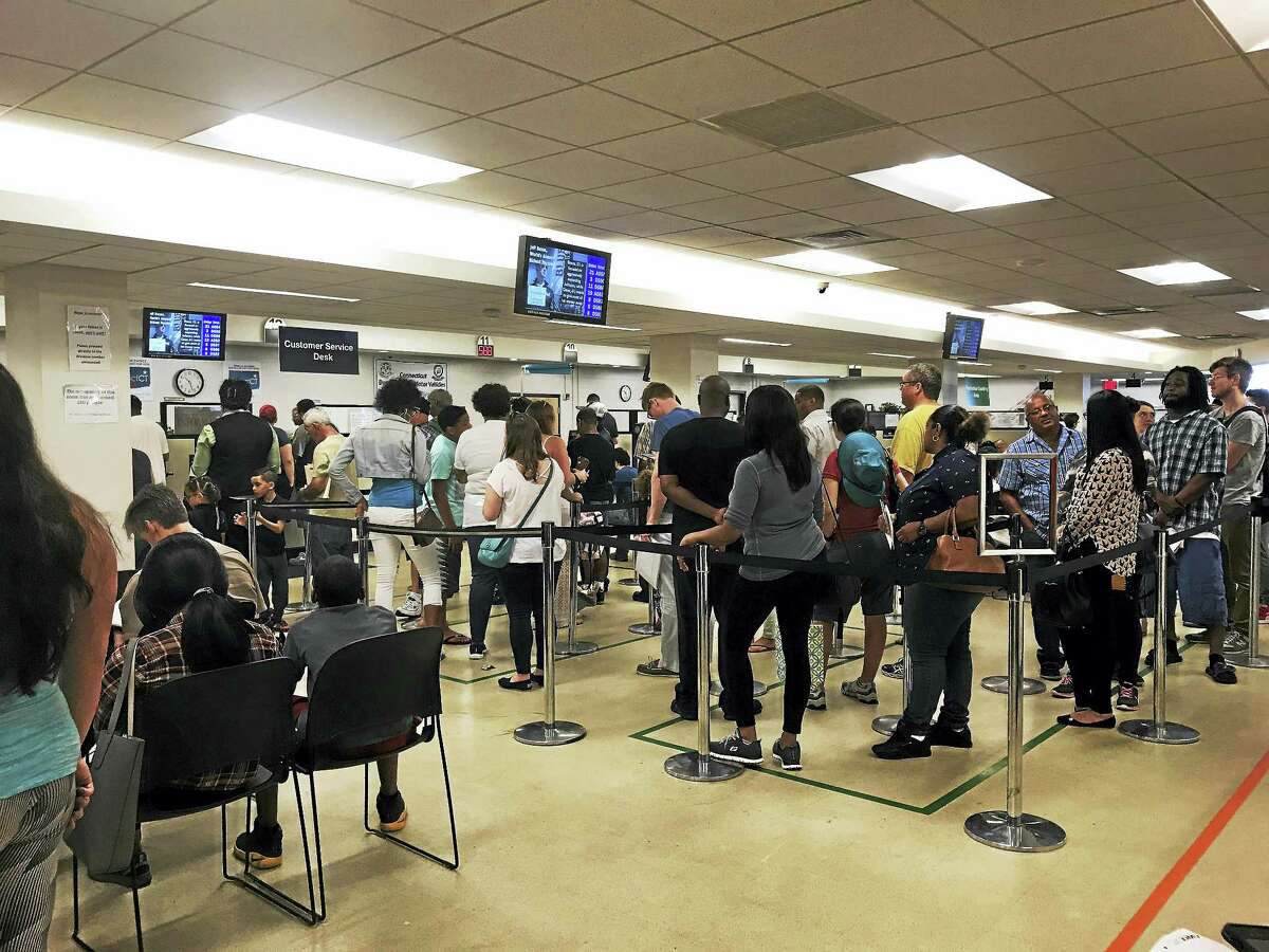 People in line at the DMV in Hamden.