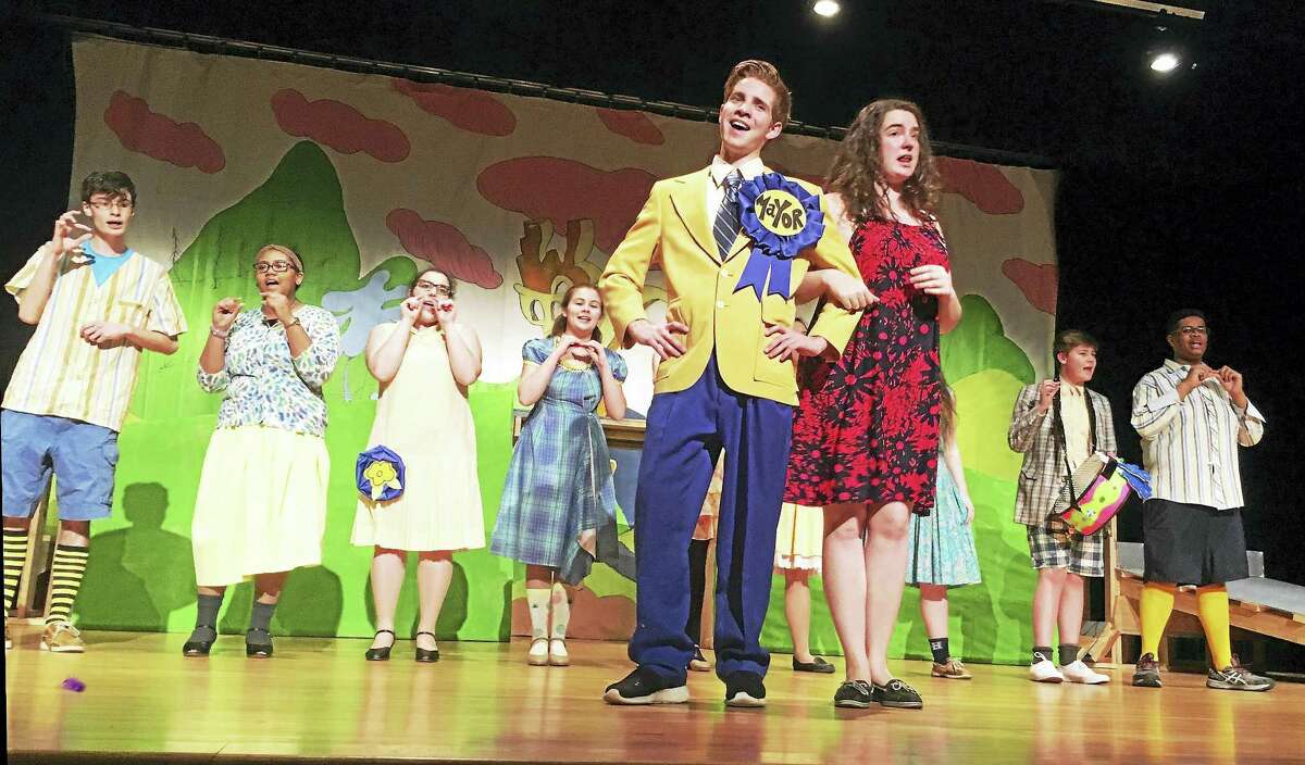 Mark Bissell and Anika Vanderwal at a recent rehearsal for Notre Dame of West Haven’s production of “Seussical.”