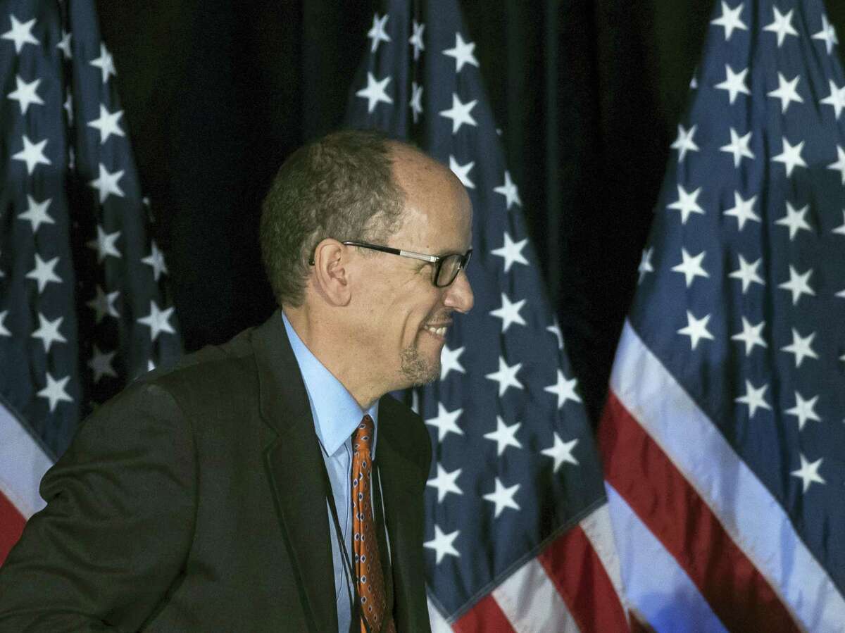 Former Labor Secretary Tom Perez and newly elected leader of the Democratic National Committee, before speaking during the general session of the DNC winter meeting in Atlanta on Feb. 25, 2017.