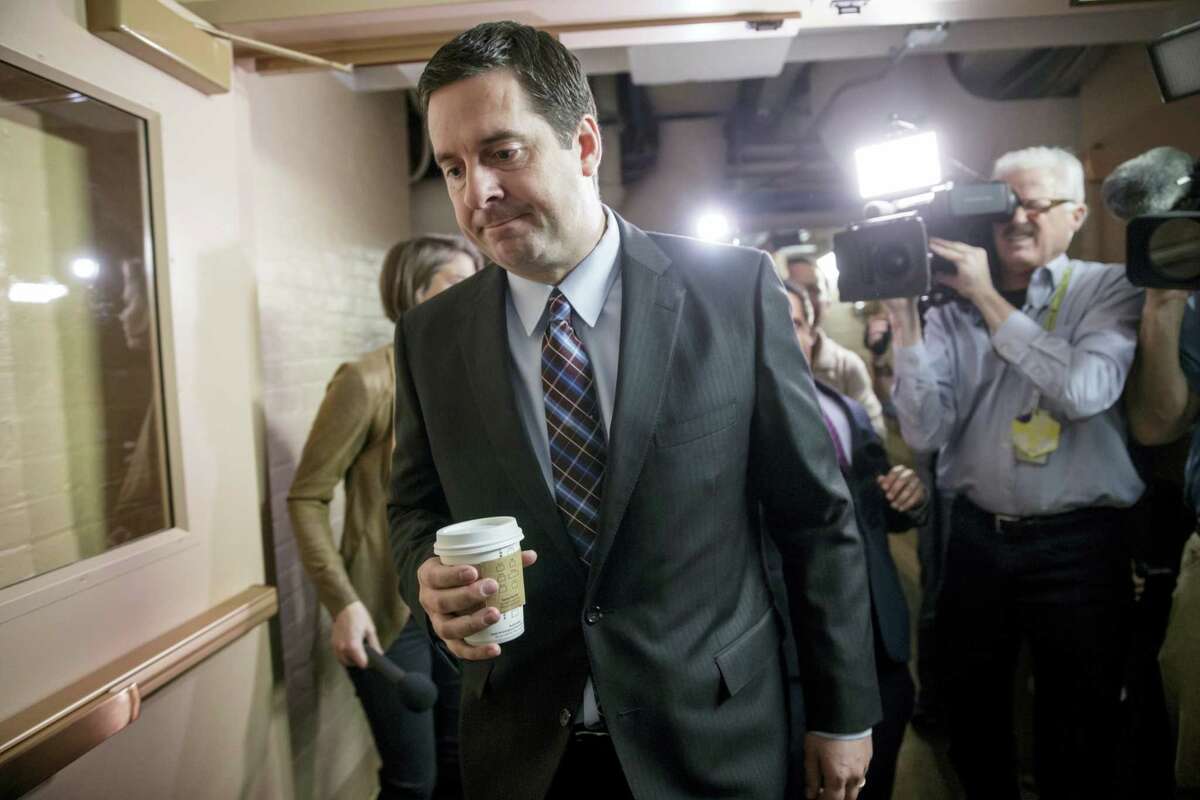 House Intelligence Committee Chairman Rep. Devin Nunes, R-Calif., is pursued by reporters as he arrives for a weekly meeting of the Republican Conference with House Speaker Paul Ryan and the GOP leadership on March 28, 2017 on Capitol Hill in Washington. Nunes is facing growing calls to step away from the panel’s Russia investigation as revelations about a secret source meeting on White House grounds raised questions about his and the panel’s independence.
