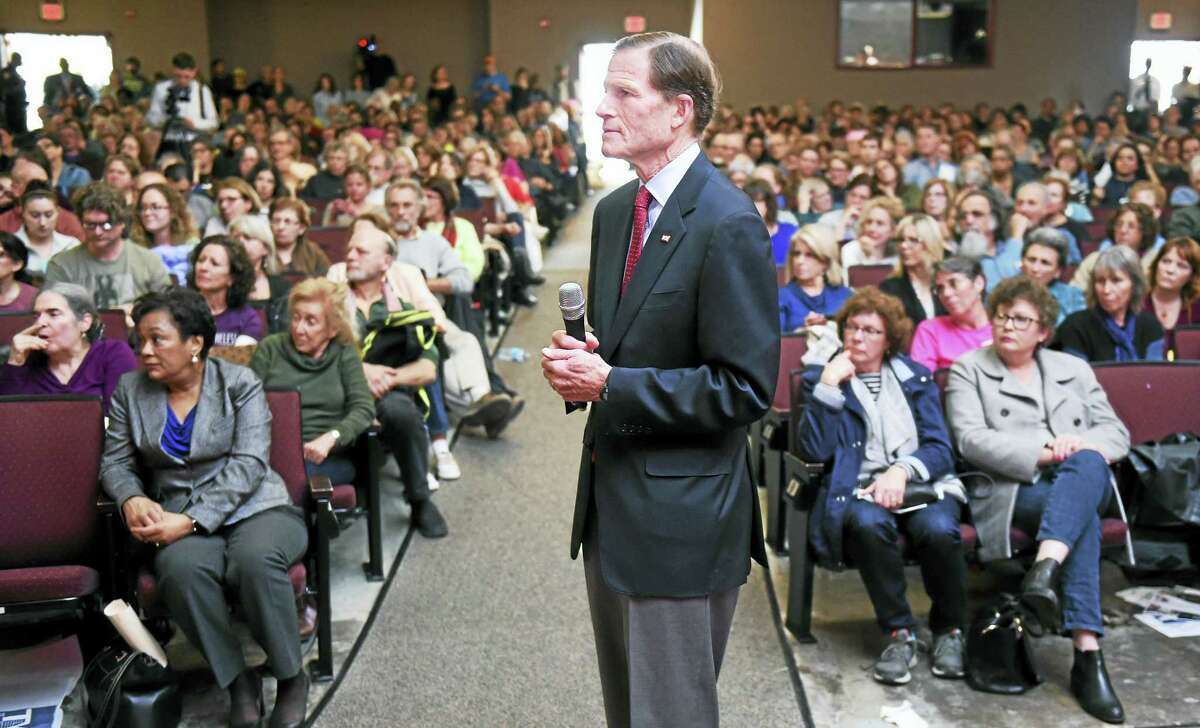 Arnold Gold-New Haven Register U.S. Senator Richard Blumenthal listens to a question from the audience during a Town Hall meeting at Wilbur Cross High School in New Haven on Feb. 25, 2017.