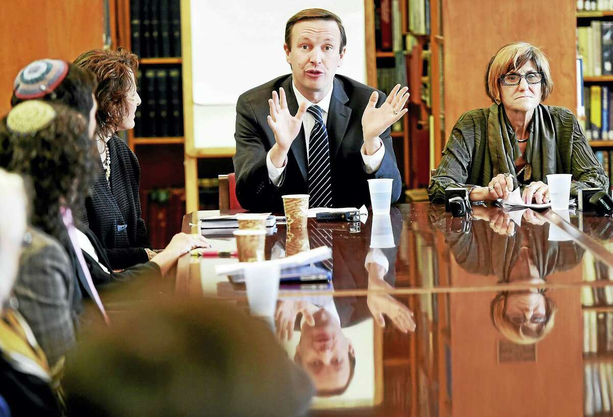 U.S. Sen. Chris Murphy, D-Conn., and U.S. Rep. Rosa DeLauro, D-3, meet with members of the Jewish Community Thursday morning at Congregation B’nai Jacob in Woodbridge, to hear their concerns about recent anti-Semitic activities.