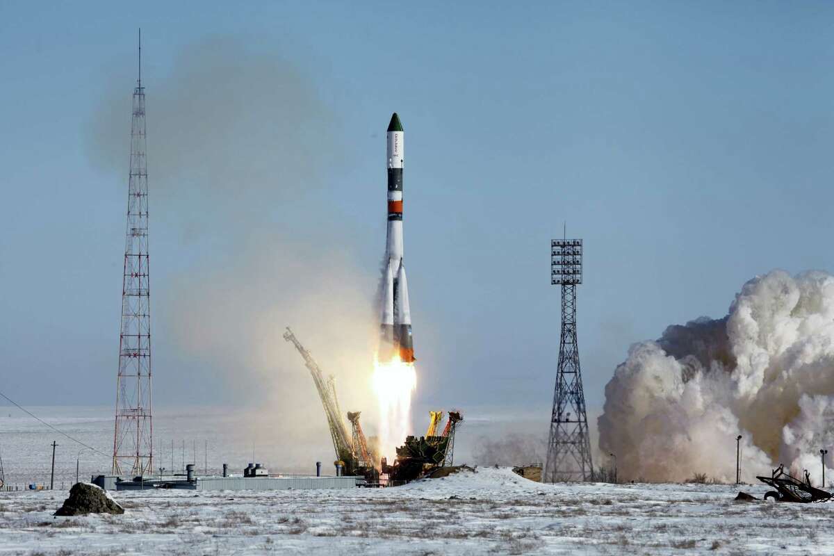 In this photo provided by the Russian Space Agency (Roscosmos) press service, a Soyuz-U booster rocket carrying the Progress MS-05 spacecraft blasts off from the Russian-leased Baikonur Cosmodrome in Kazakhstan on Feb. 22, 2017. The unmanned Russian cargo ship lifted off successfully Wednesday on a supply mission to the International Space Station.