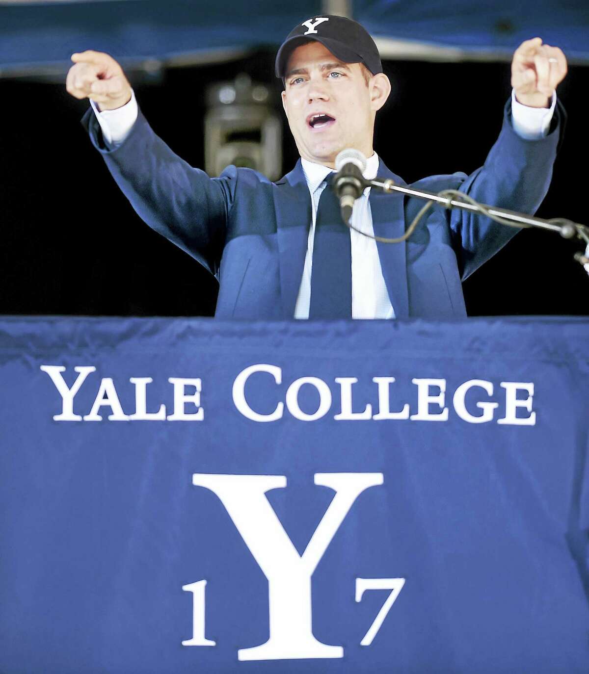 Theo Epstein, President of Baseball Operations for the Chicago Cubs, jokingly asks Yankees fans to exit Old Campus during his Class Day address at Yale on Sunday.