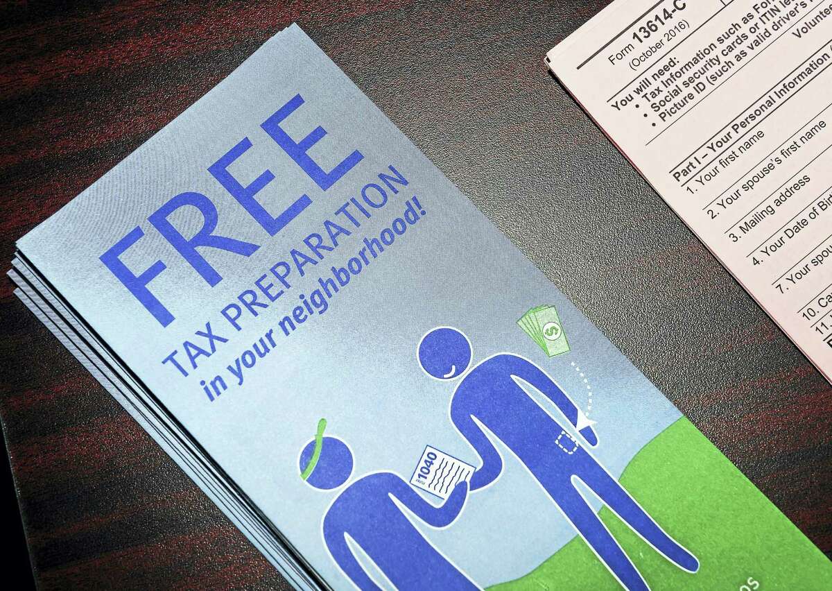 A pamphlet about the Volunteer Income Tax Assistance program is displayed at City Hall in New Haven Tuesday.