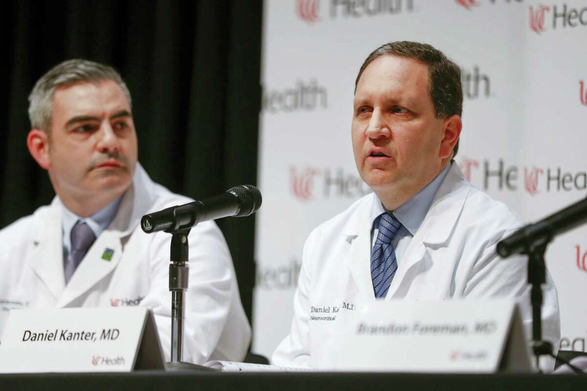 Daniel Kanter, medical director of the Neuroscience Intensive Care Unit, right, speaks alongside Jordan Bonomo, a neurointensivist, left, during a news conference regarding Otto Warmbier’s condition, Thursday, June 15, 2017, at University of Cincinnati Medical Center in Cincinnati. Warmbier, who serving a 15-year prison term for alleged anti-state acts in North Korea, was released to his home state of Ohio on Tuesday in a coma.