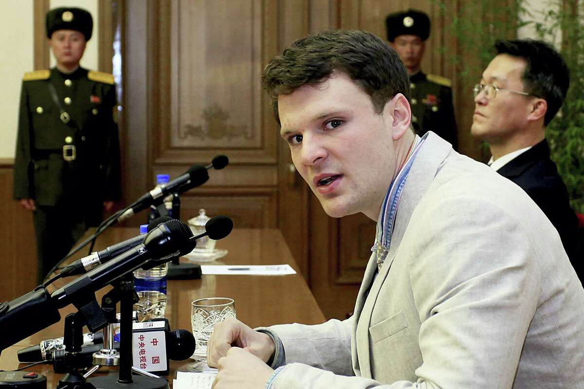 In this Feb. 29, 2016, file photo, American student Otto Warmbier speaks as he is presented to reporters in Pyongyang, North Korea. More than 15 months after he gave a staged confession in North Korea, he is with his Ohio family again. But whether he is even aware of that is uncertain.