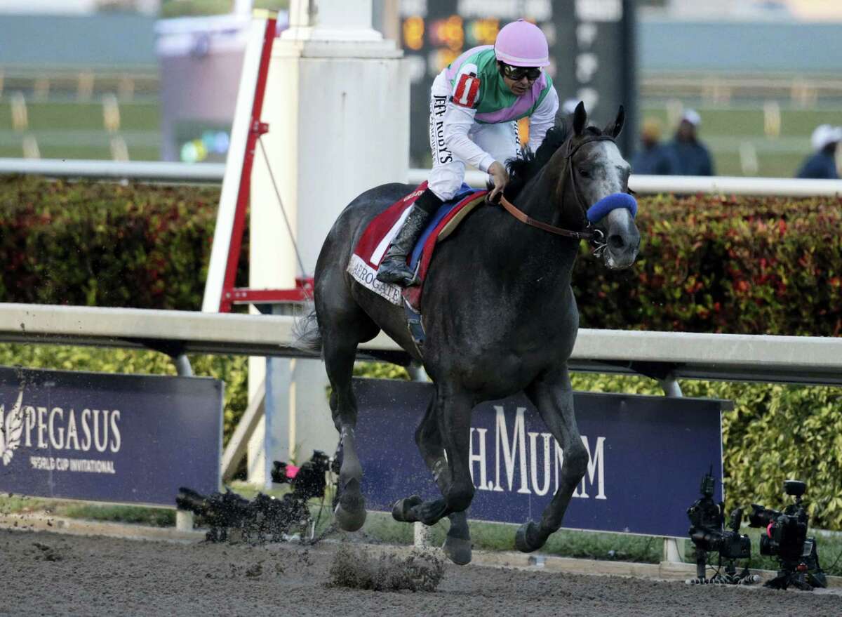 Jockey Mike Smith crosses the finish line riding Arrogate to win the inaugural running of the $12 million Pegasus World Cup on Saturday.