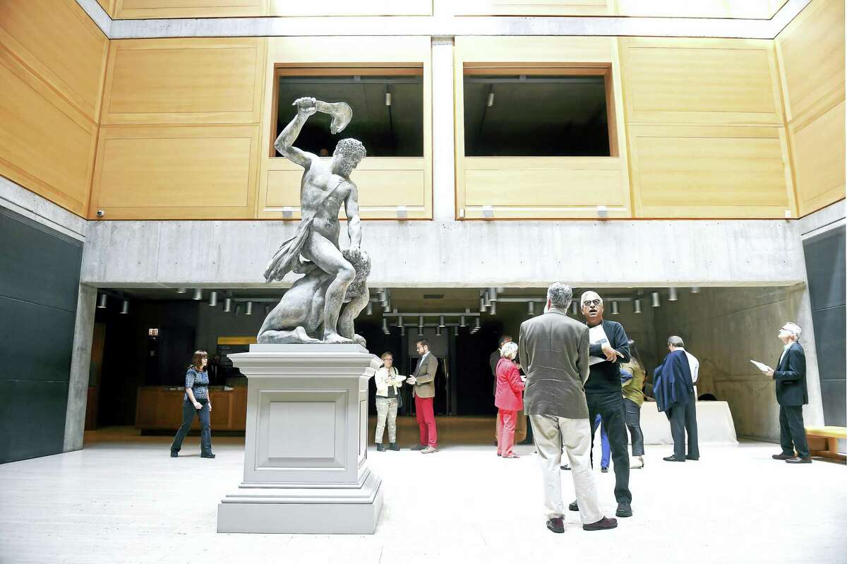 A tour begins in the Entrance Court of the Yale Center for British Art in New Haven near a newly installed eighteenth century sculpture, “Samson Slaying a Philistine,” by John Cheere.
