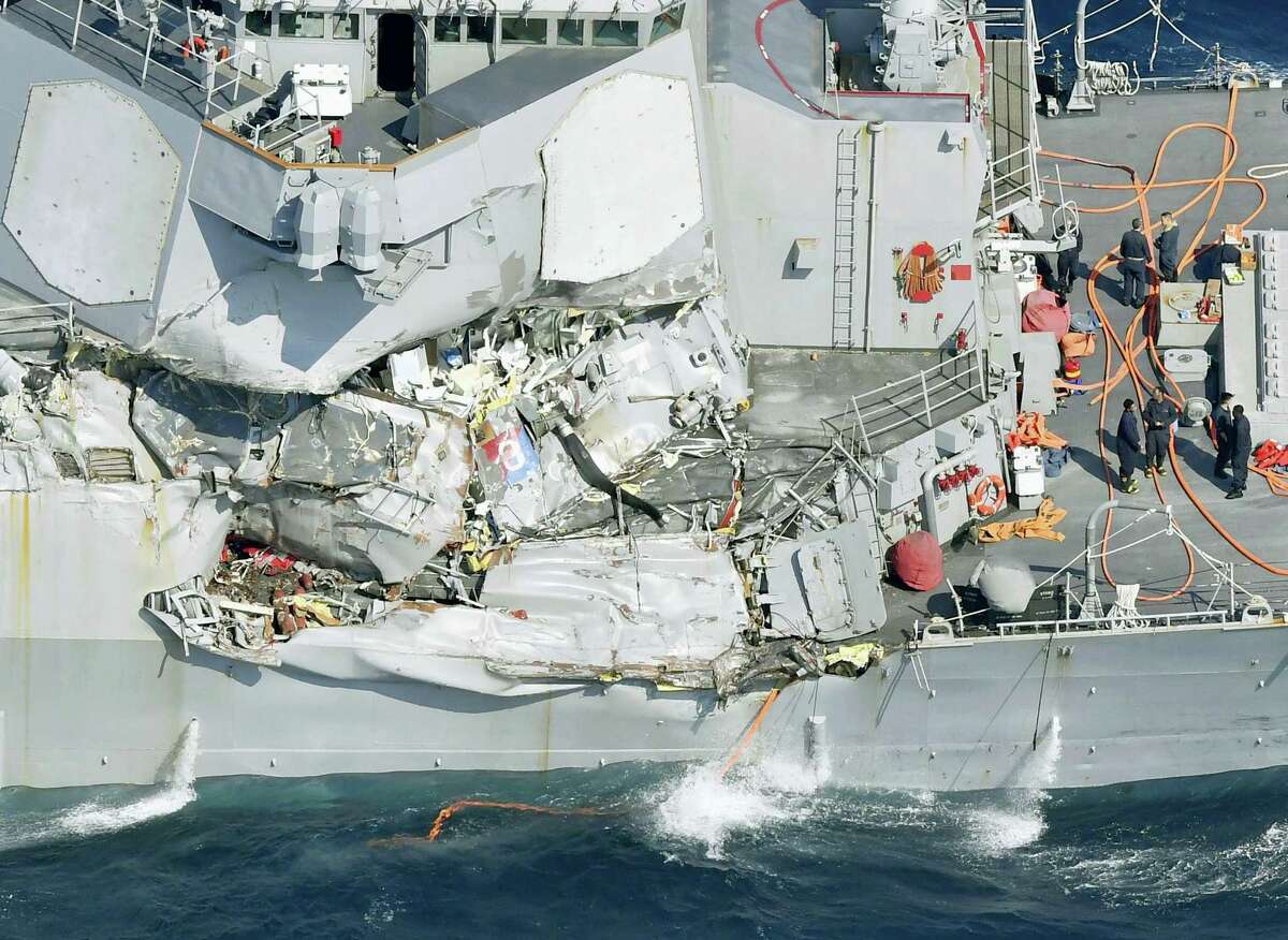 The damage of the right side of the USS Fitzgerald is seen off Shimoda, Shizuoka prefecture, Japan, after the Navy destroyer collided with a merchant ship, Saturday, June 17, 2017. Seven Navy sailors are missing and one was injured after a U.S. destroyer collided early Saturday morning with the Philippine-registered container ship off the coast of Japan, the country’s coast guard reported.