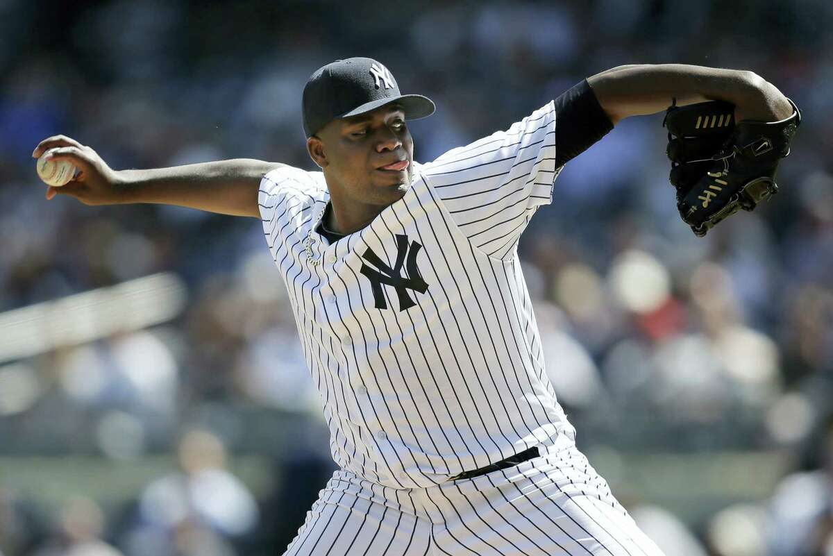 New York Yankees starting pitcher Michael Pineda throws during the second inning against the Tampa Bay Rays at Yankee Stadium, Monday. Pineda took a perfect game into the seventh inning in the Yankees’ 8-1 win.
