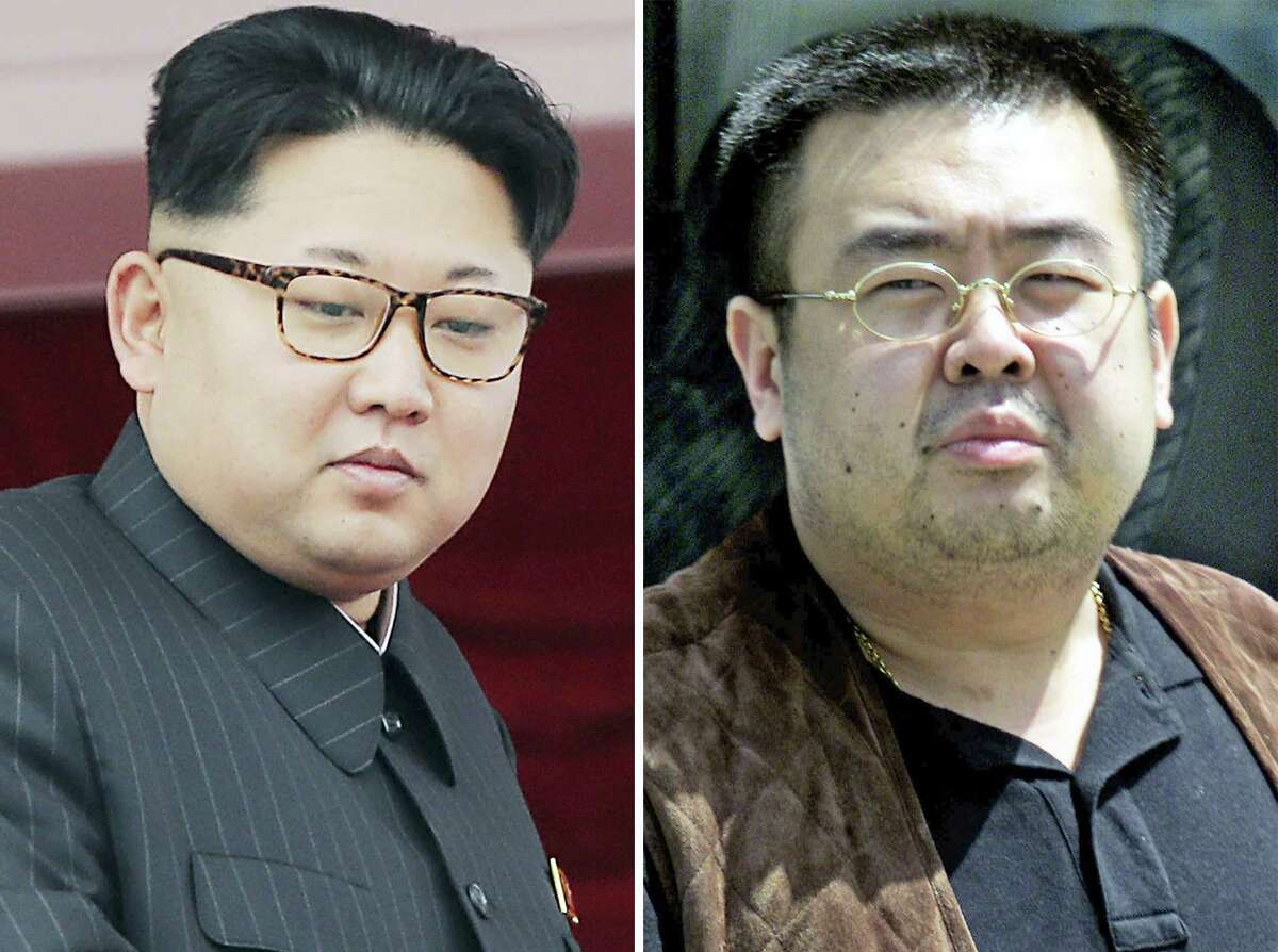This combination of file photos shows North Korean leader Kim Jong Un, left, on May 10, 2016, in Pyongyang, North Korea, and Kim Jong Nam, right, exiled half brother of Kim Jong Un, in Narita, Japan, on May 4, 2001. Kim Jong Nam, 46, was targeted Monday, Feb. 13, 2017, at the Kuala Lumpur International Airport, Malaysia, and later died on the way to the hospital according to a Malaysian government official.