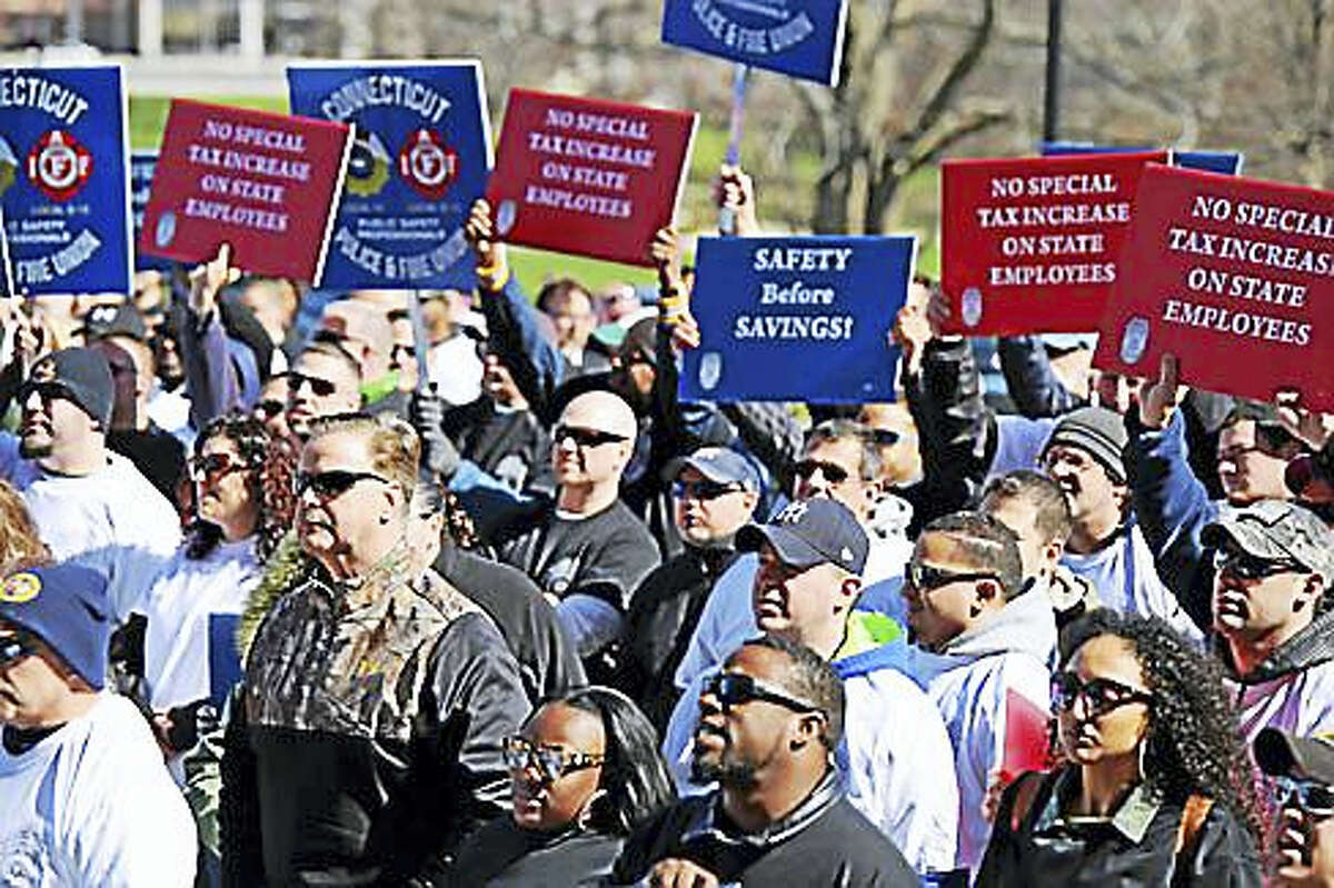 Public safety workers rally against layoffs last March at the state Capitol (Contributed photo - CTnewsjunkie.com