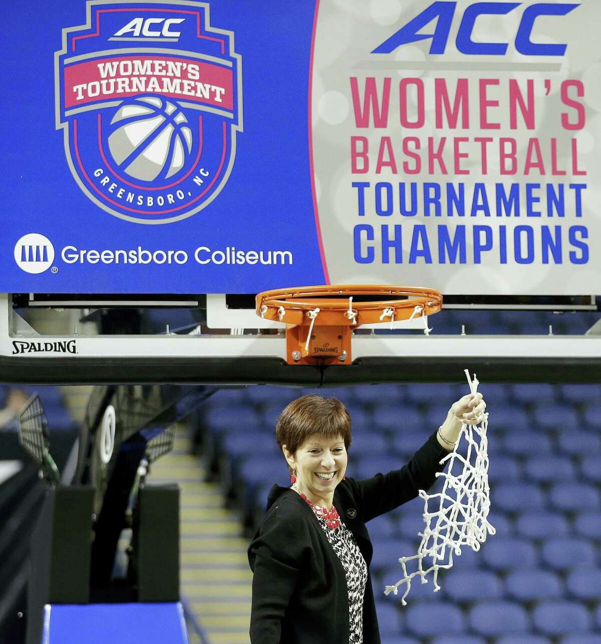 In this March 8, 2015 photo, Notre Dame head coach Muffet McGraw celebrates after an NCAA college basketball game against Florida State in the championship of the Atlantic Coast Conference tournament in Greensboro, N.C. The NCAA says it will consider North Carolina as a host for championship events again after the state rolled back a law that limited protections for LGBT people. In a statement on April 4, 2017, the governing body said its Board of Governors had reviewed moves to repeal repealed the so-called “bathroom bill” and replace it with a compromise law.