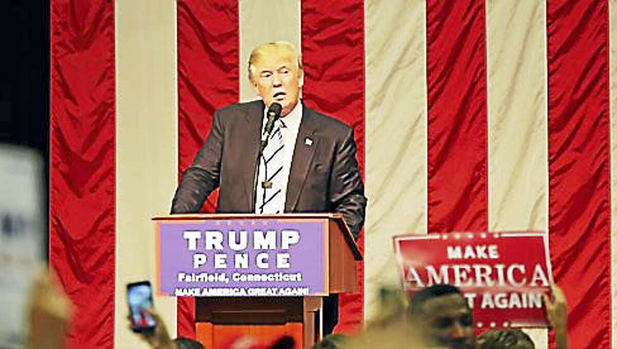 Donald Trump speaks at an August 2016 rally at Sacred Heart University in Fairfield.