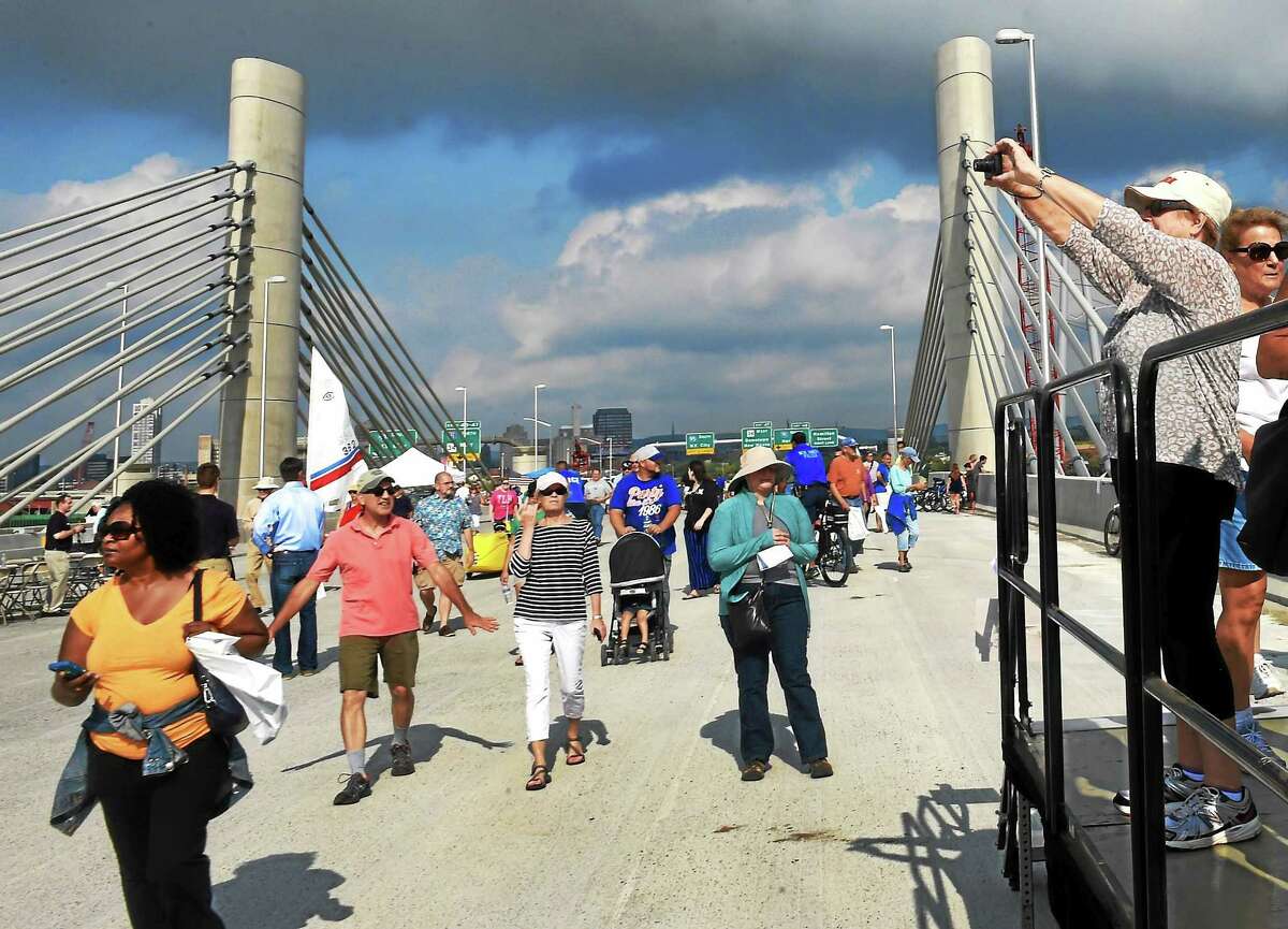 The Connecticut DOT allowed visitors to walk across the new southbound Pearl Harbor Memorial Bridge on Interstate 95 during its grand opening celebration Sept. 18, 2015. in New Haven.