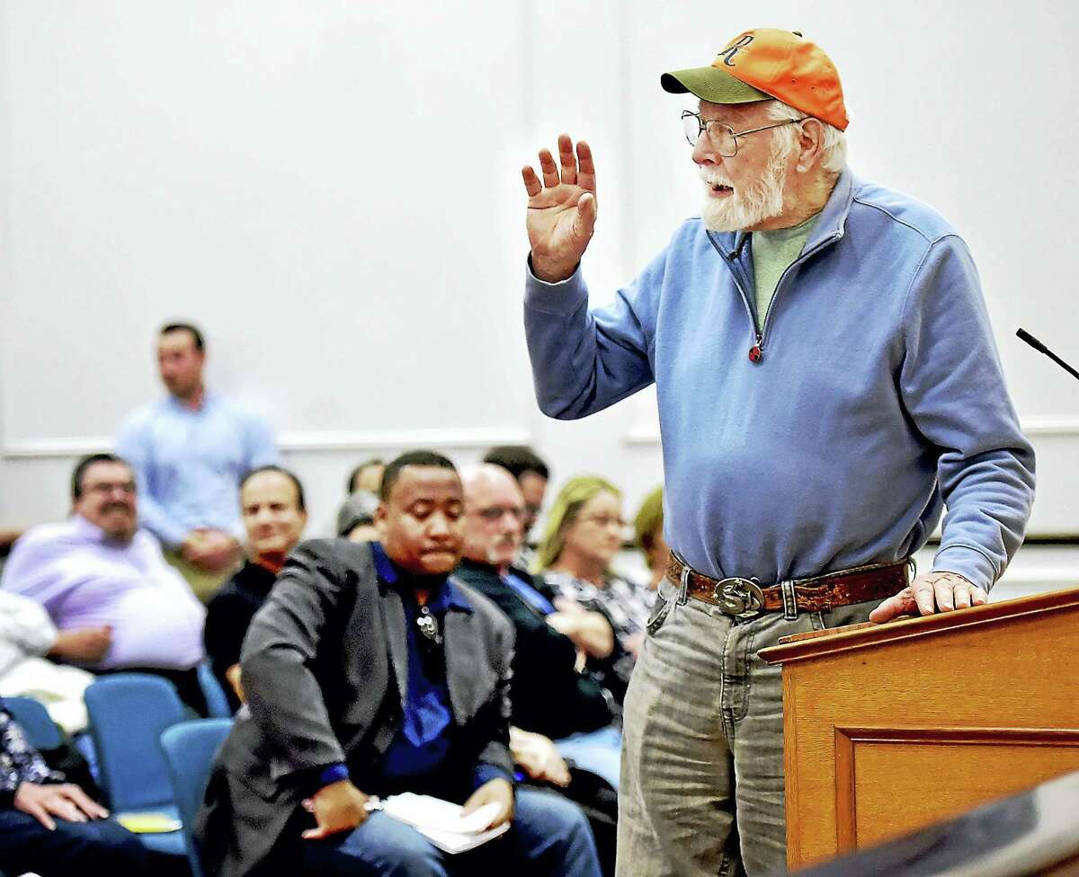 Dave Saldibar, 83, a life-long resident of West Haven turns to speak directly to the city’s residents, March 23, 2016, during the West Haven Redevelopment Agency’s public hearing at City Hall regarding the aquisition by purchase or eminent domain of the nine remaining properties involved in the Haven South Municipal Development Plan Project. Saldibar, a proponent of the project doesn’t agree the city of West Haven should use eminent domain.