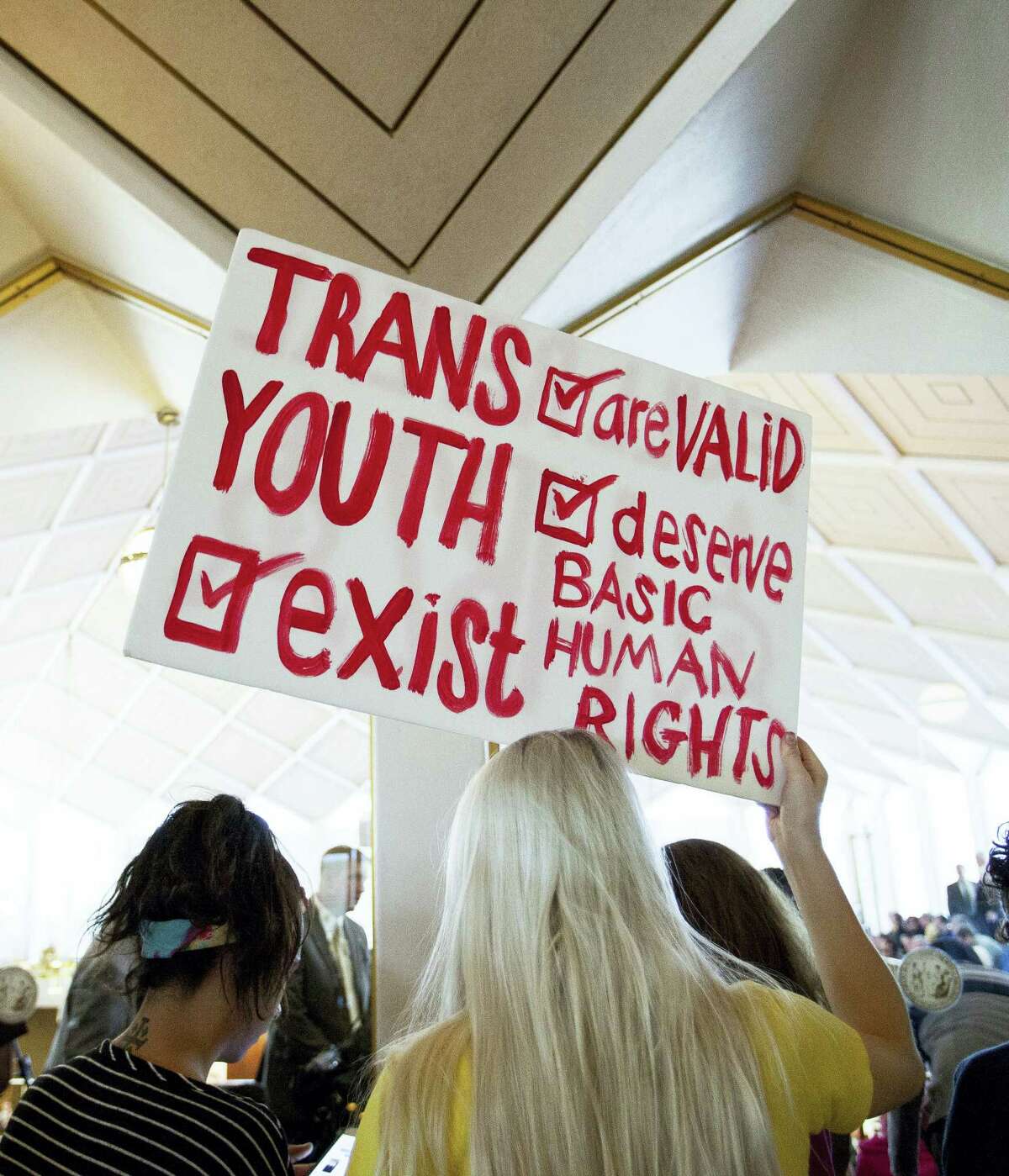 Hunter Schafer, of Raleigh, holds a sign in favor of repealing North Carolina HB2 during a special session of the North Carolina General Assembly in Raleigh, N.C., Wednesday, Dec. 21, 2016. North Carolina’s legislature is reconvening to see if enough lawmakers are willing to repeal the 9-month-old law that limited LGBT rights, including which bathrooms transgender people can use in public schools and government buildings.