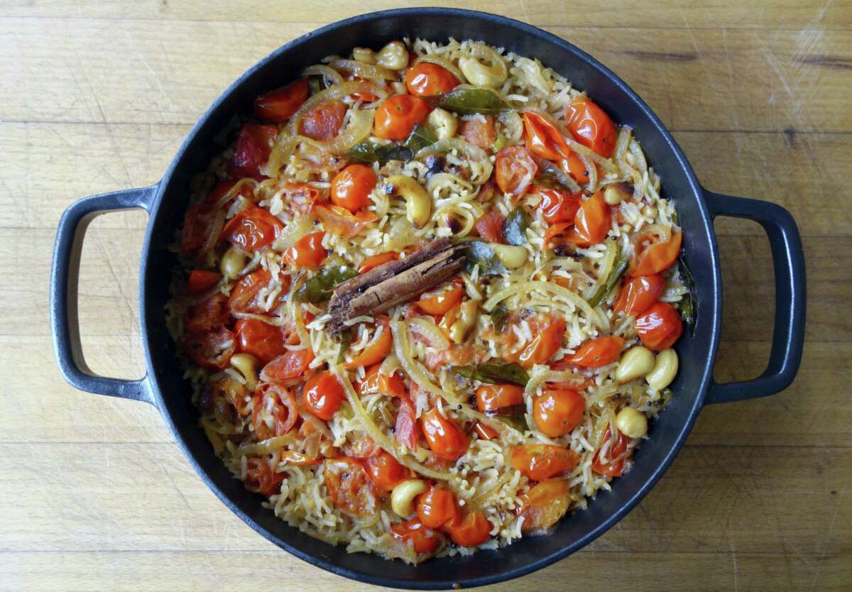 South Indian tomato and coconut rice is perfect for a Labor Day cookout.