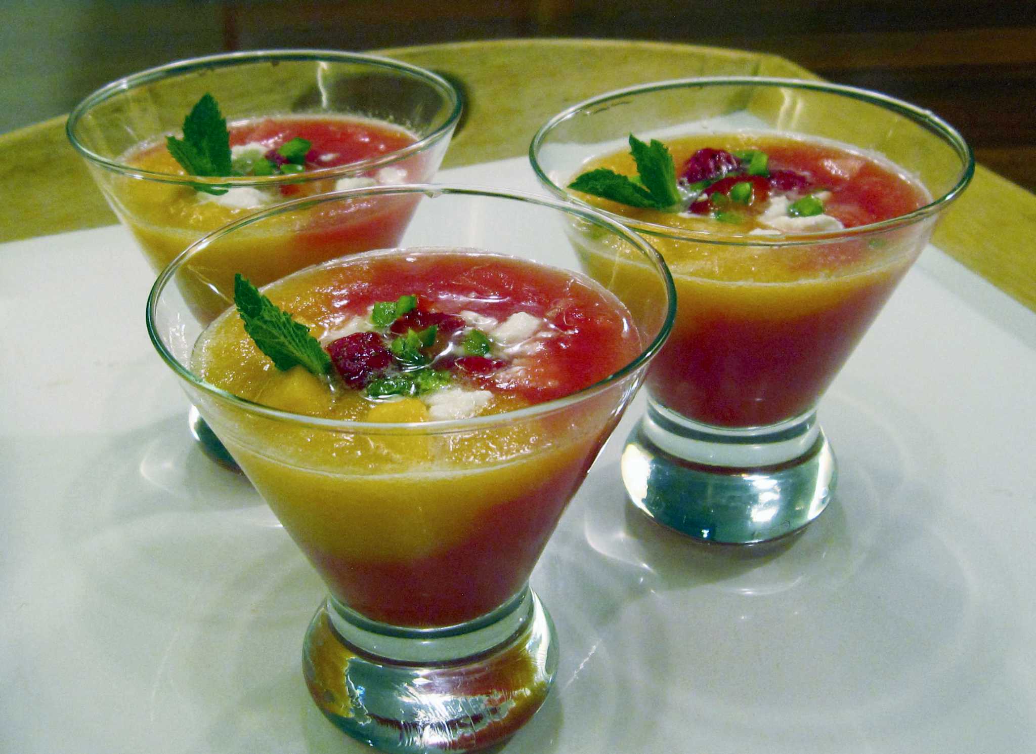 Watermelon and cantaloupe gazpacho is a refreshing soup