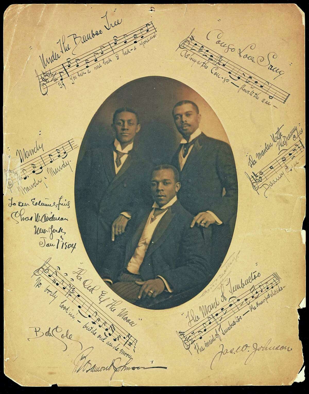 Bob Cole, J. Rosamond Johnson and his brother James Weldon Johnson, with inscriptions to John Nail, 1904.