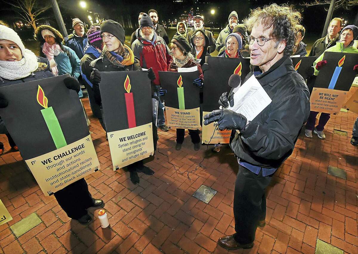 Shelly Altman, organizer and co-chairwoman of Jewish Voices for Peace, speaks at a demonstration Wednesday in New Haven against Islamophobia and hate crimes against Muslims and Jews.