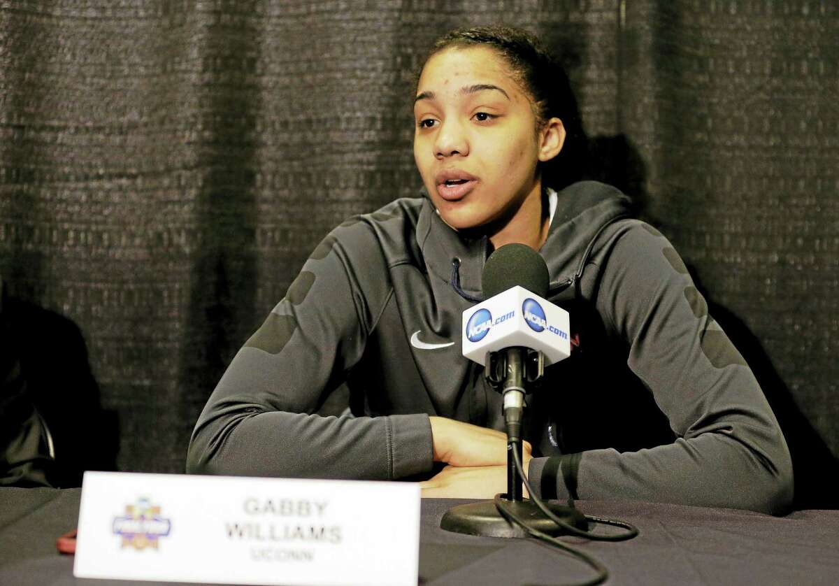 UConn’s Gabby Williams responds to a question during a news conference at last season’s Final Four.