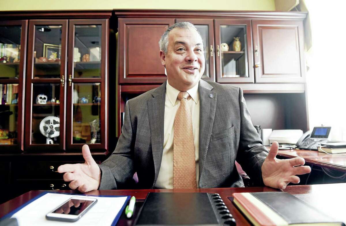 Southern Connecticut State University President Joe Bertolino is photographed in his office on the second day on the job on Aug. 23.
