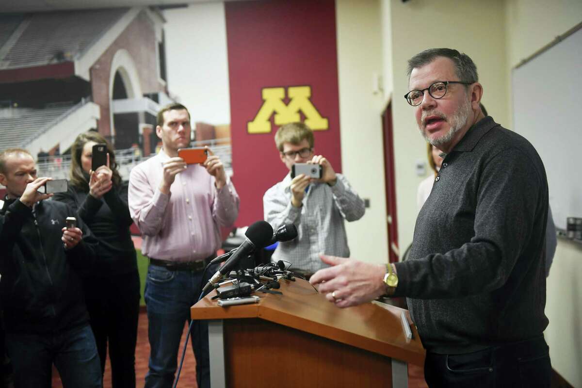 University of Minnesota President Eric Kaler speaks to members of the media Saturday.
