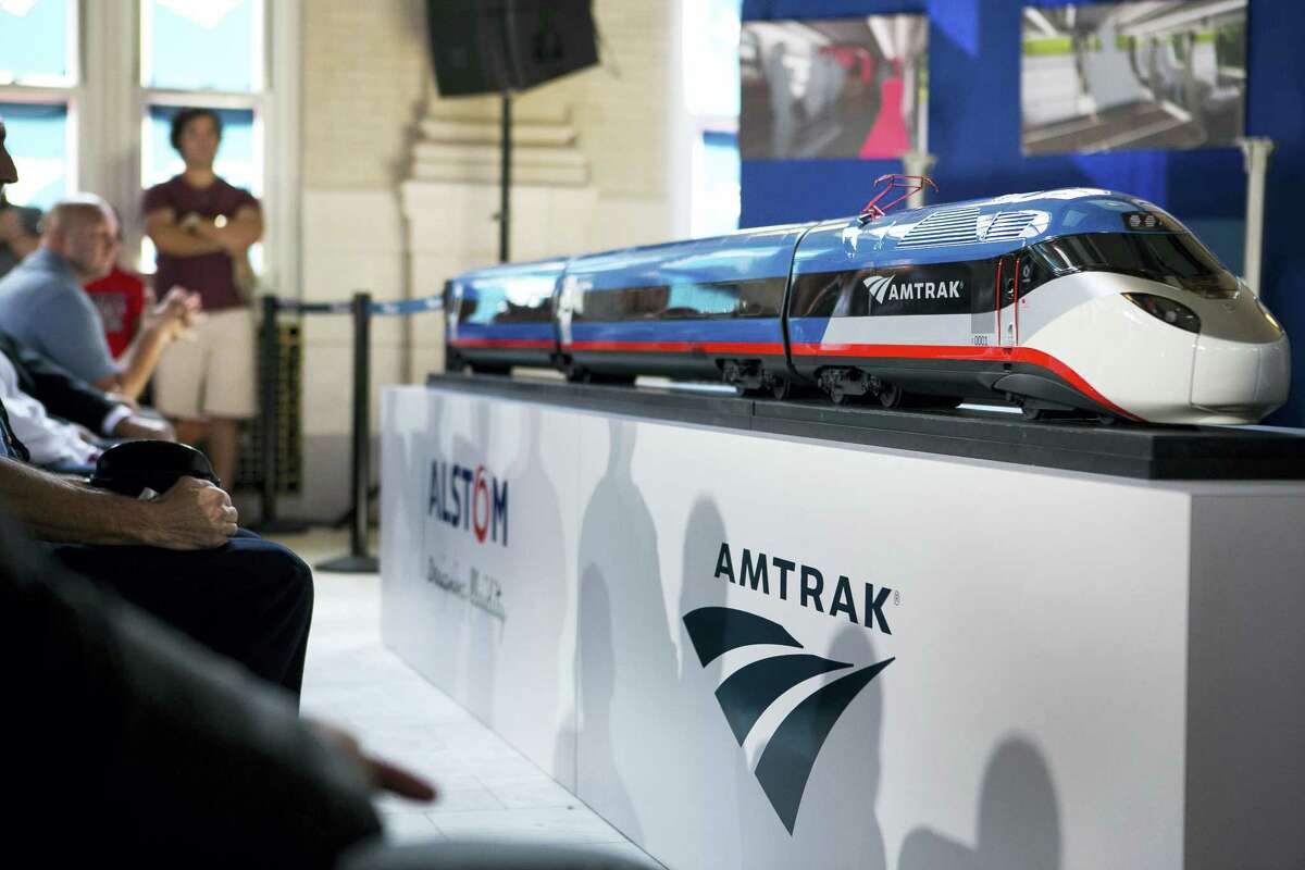 A model of a new Amtrak train is displayed at the Joseph R. Biden Jr. Railroad Station in Wilmington, Del., Friday.