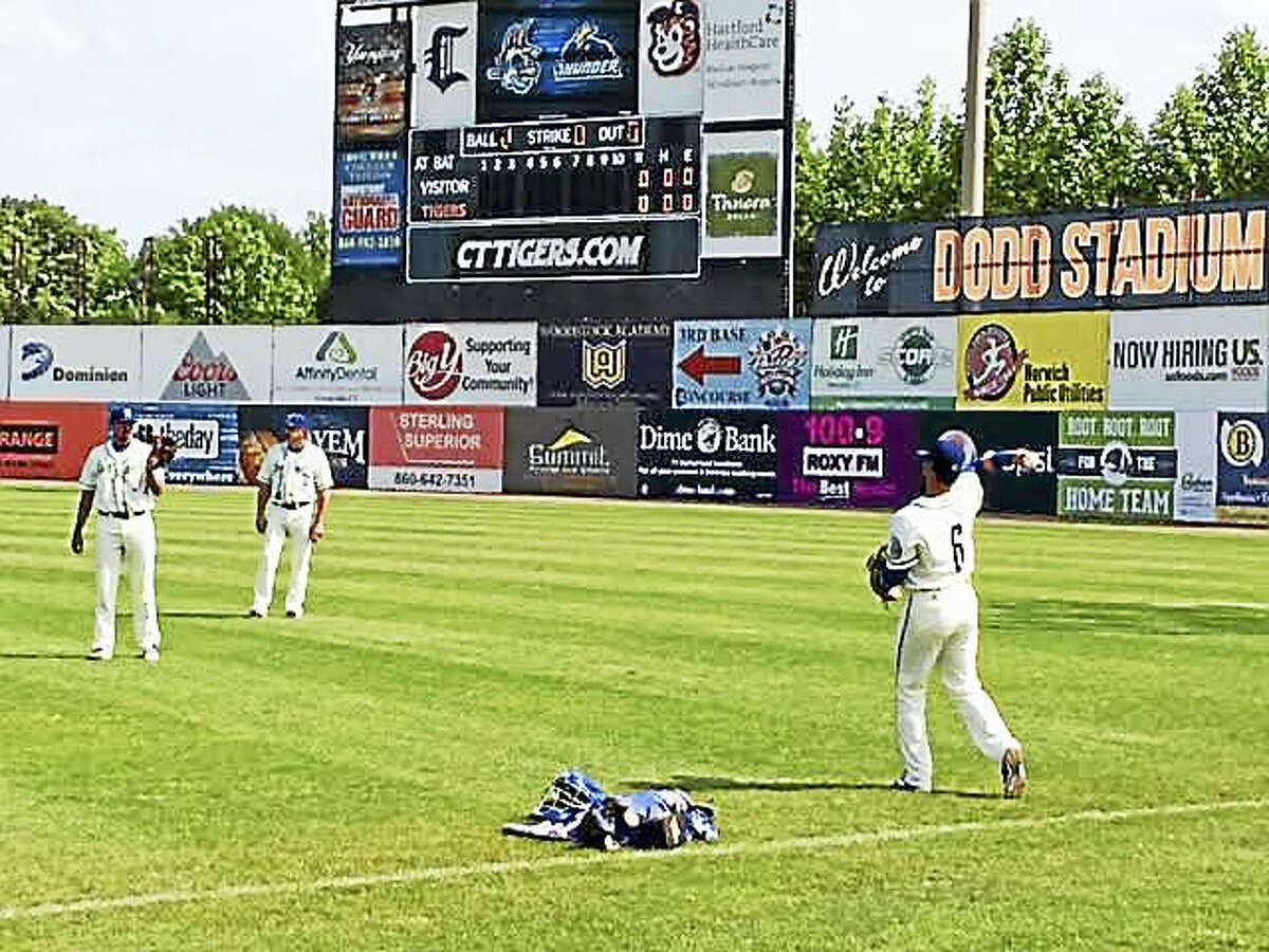 Hartford Yard Goats players warm up before a recent game at Norwich’s Dodd Stadium