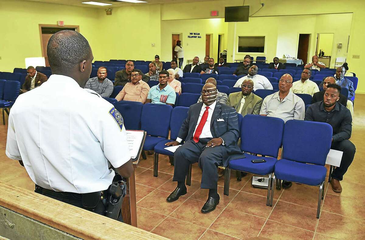 Catherine Avalone — New Haven Register New Haven Police Department Acting Chief Anthony Campbell speaks at a meeting with members of the Greater New Haven Clergy Association Tuesday at First Calvary Baptist Church in New Haven.