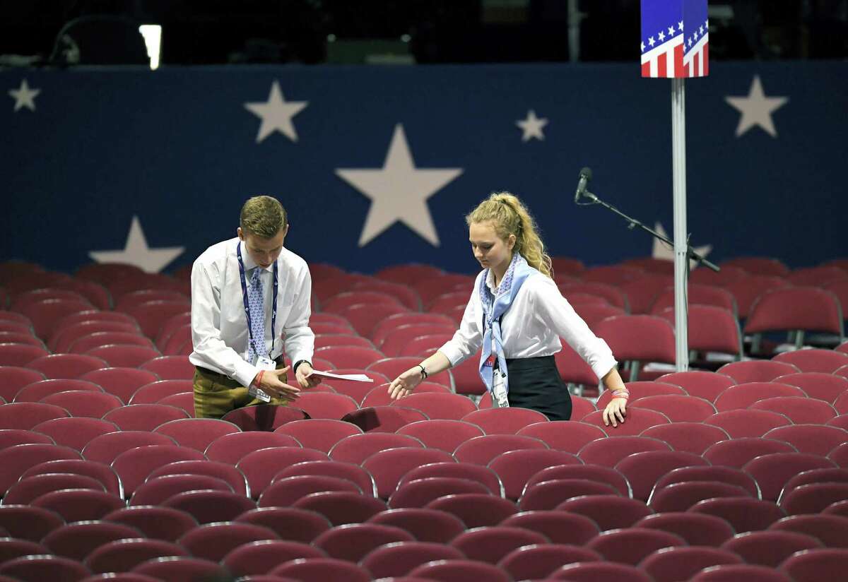 Preparations are made at the Quicken Loans Arena before the opening session of the Republican National Convention in Cleveland on July 18, 2016.