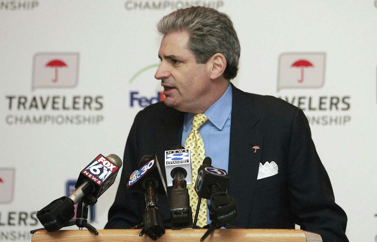 In this 2009 file photo, Travelers chairman and CEO Jay Fishman speaks at a news conference in Hartford. A Connecticut medical center that specializes in the treatment and research of ALS has become the main beneficiary of The Travelers Championship in 2016, Connecticut’s stop on the PGA Tour, following the diagnosis of now former-Travelers CEO Fishman.