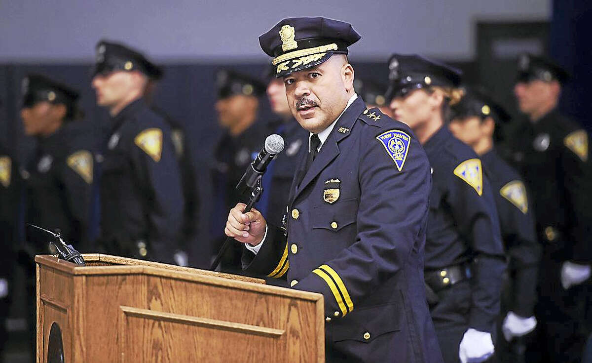 New Haven Assistant Police Chief Luiz Casanova at the New Haven Police Academy graduation ceremony held at Amistad High School in New Haven in August.