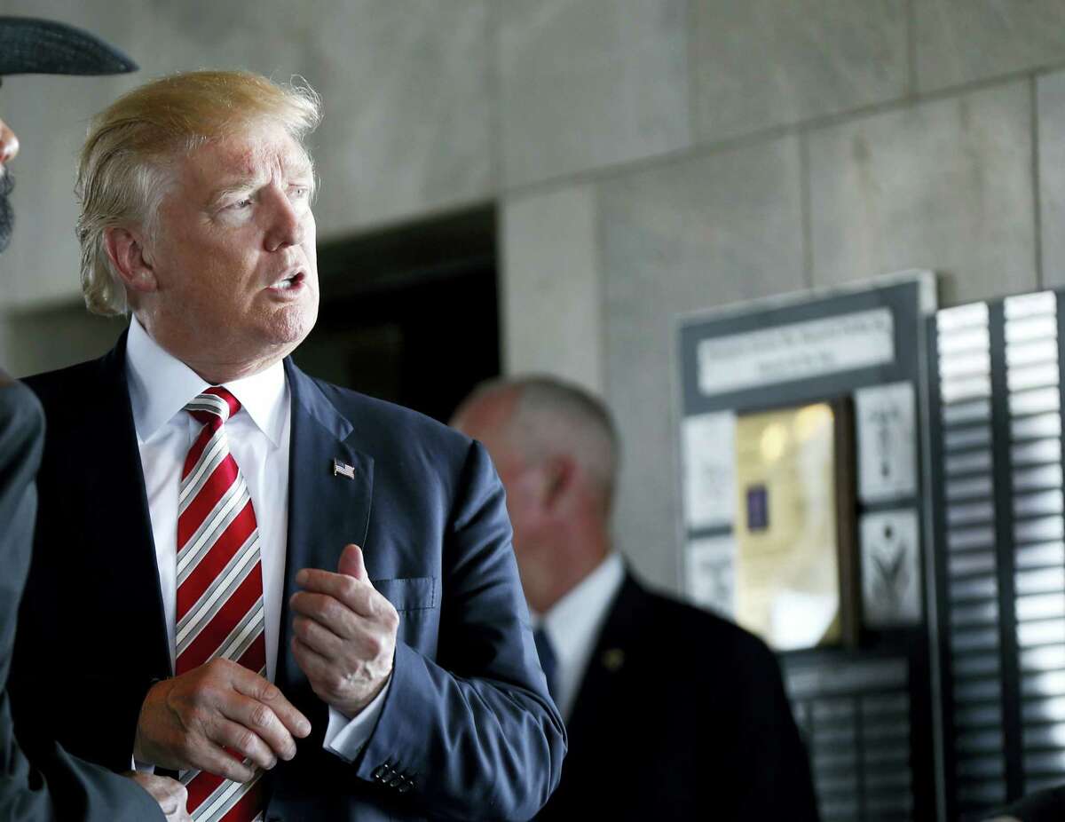 Republican Presidential candidate Donald Trump chats during a campaign stop at the Milwaukee County War Memorial Center in Milwaukee, Wisc., Tuesday.