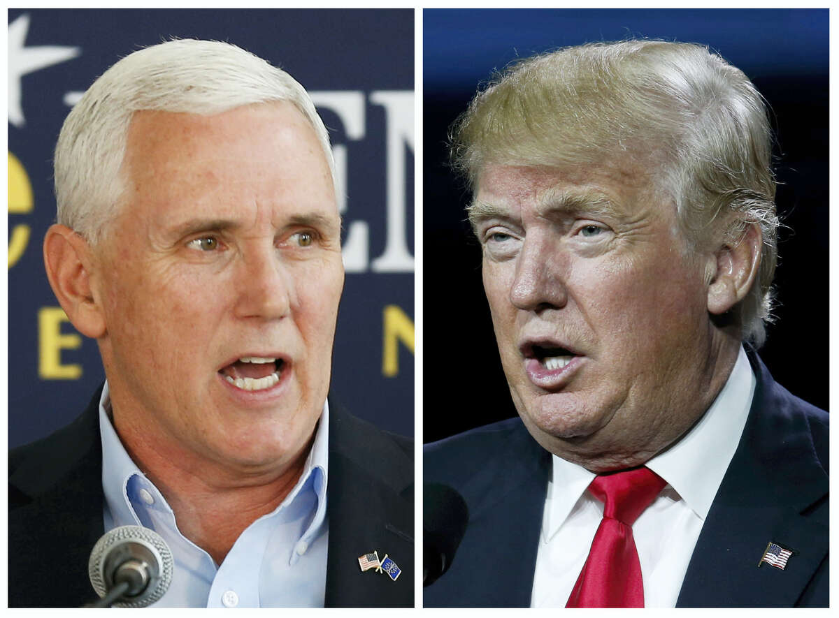 This photo combination of file images shows Indiana Gov. Mike Pence, left, and Republican presidential candidate Donald Trump. A major shake-up for Indiana politics could be coming this week as Trump considers Pence as his Republican vice presidential choice. Pence attended a fund-raising event and rally in Indiana with Trump on Tuesday.
