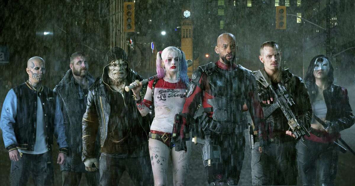 This image released by Warner Bros. Pictures shows, from left, Jay Hernandez as Diablo, Jai Courtney as Boomerang, Adewale Akinnuoye-Agbaje as Killer Croc, Margot Robbie as Harley Quinn, Will Smith as Deadshot, Joel Kinnaman as Rick Flag and Karen Fukuhara as Katana in a scene from “Suicide Squad.”
