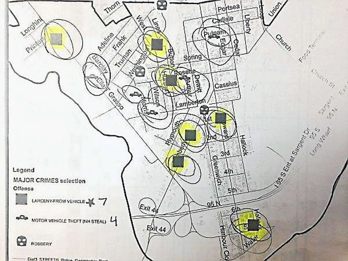 A map showing major crimes in New Haven’s Hill South District August 1-7.