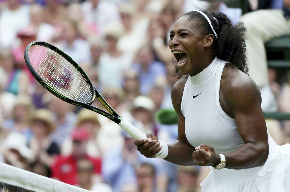 Serena Williams celebrates after winning the first set against Angelique Kerber on Saturday.