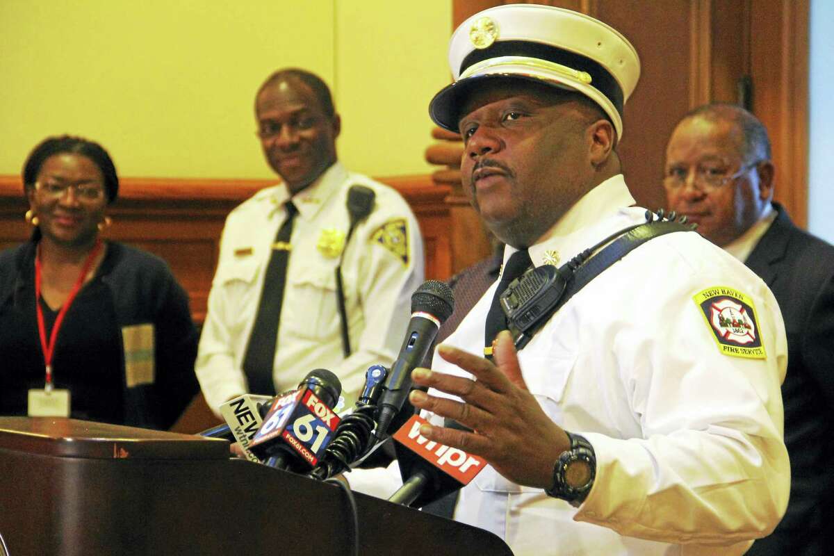 New Haven Fire Chief John Alston Jr. during a press conference Tuesday at City Hall.