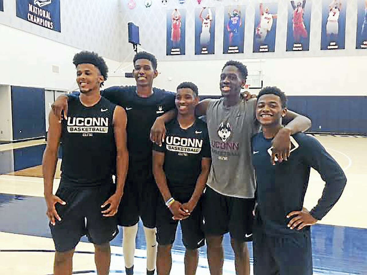 From left, UConn freshman Vance Jackson, Juwan Durham, Christian Vital, Mamadou Diarra and Alterique Gilbert.