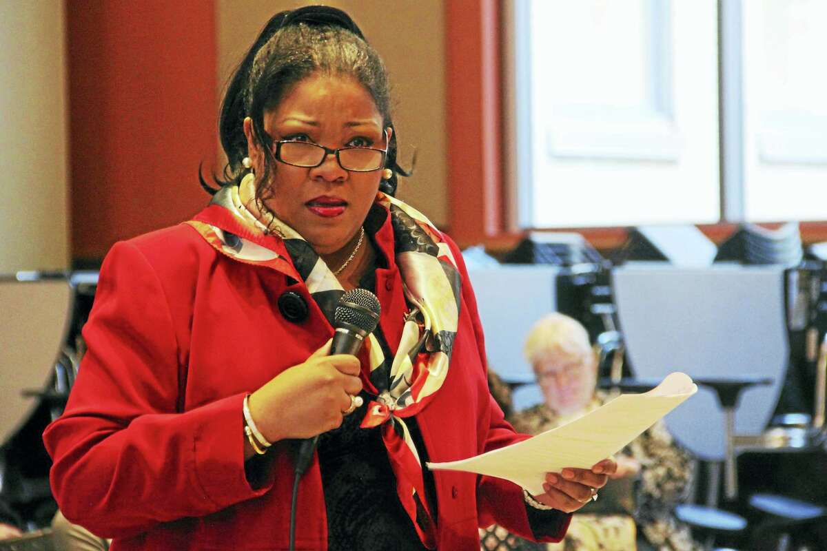 Nichole Jefferson speaks during a Board of Alders’ Finance Committee public hearing at the Augusta Lewis Troup School auditorium in New Haven.