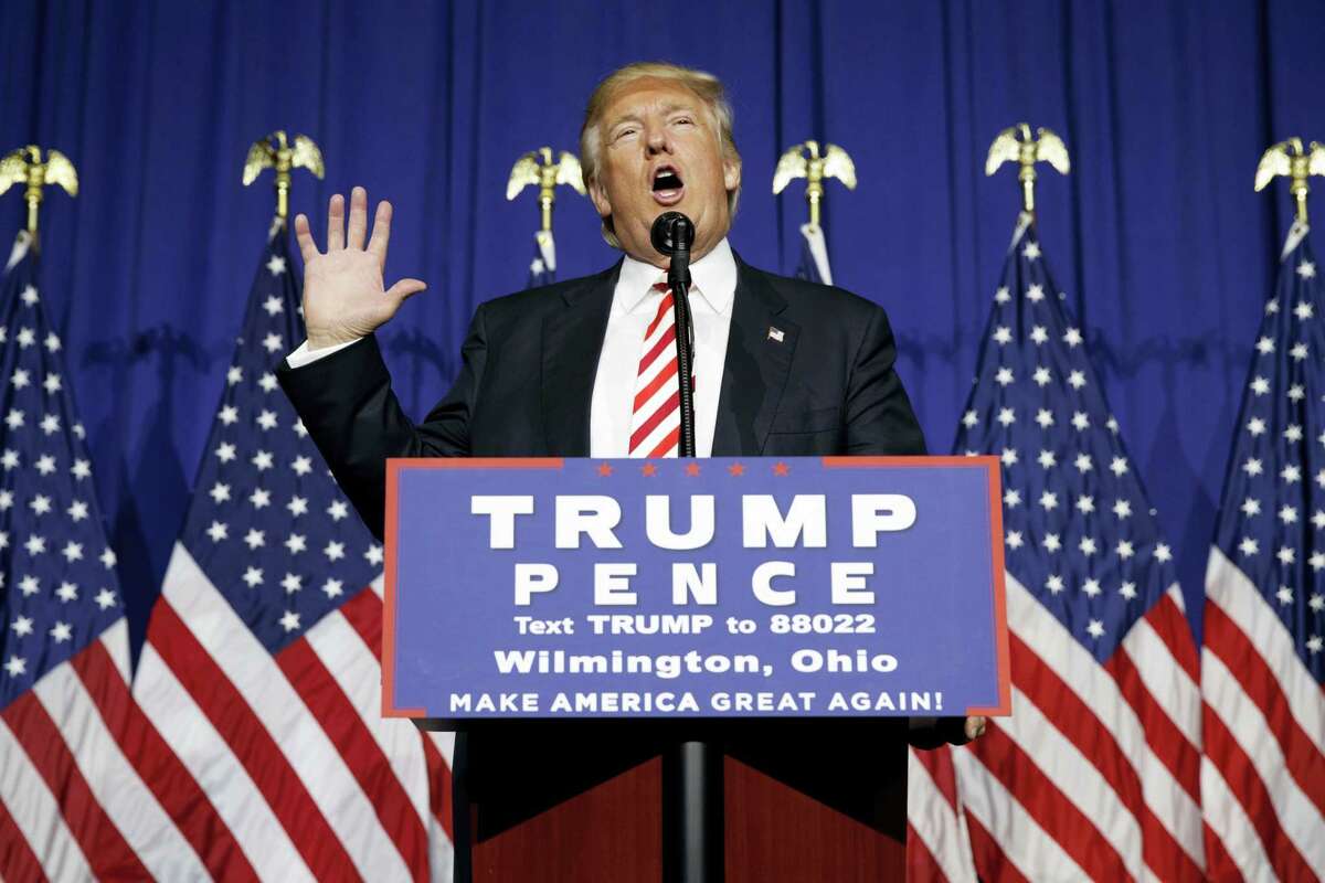 Republican presidential candidate Donald Trump speaks during a campaign rally, Thursday in Wilmington, Ohio.