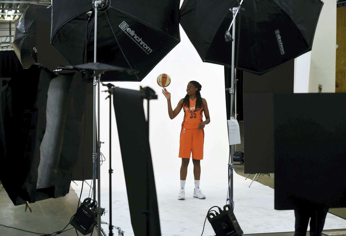 Connecticut Sun rookie Jonquel Jones poses for a photo during the team’s media day Thursdayat Mohegan Sun Arena in Uncasville, Conn. The Sun open the 2016 WNBA regular season May 8th at Dallas and the home season May 21st against Washington.