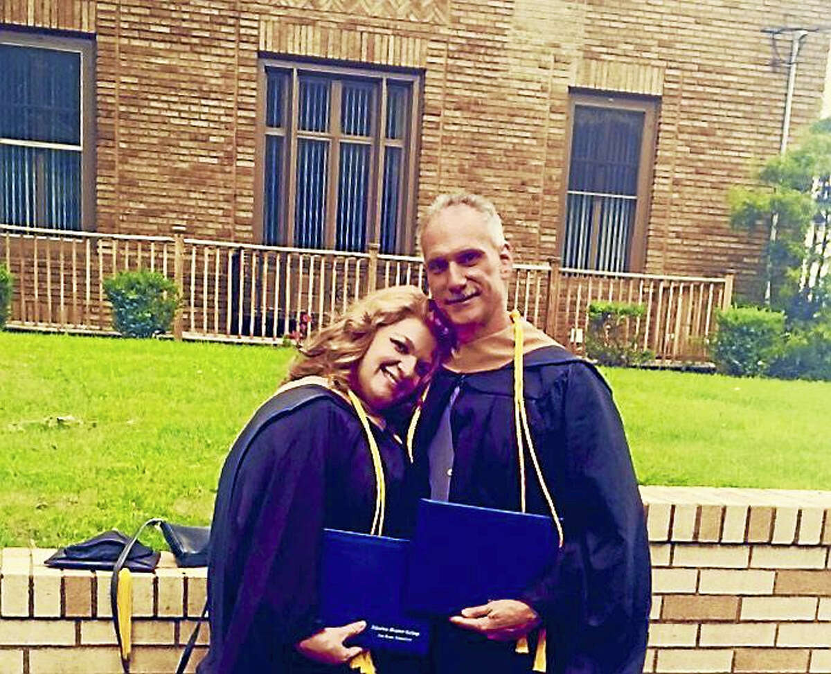 Andrea and James Salemme, married 30 years, graduated together Sunday from Albertus Magnus College.